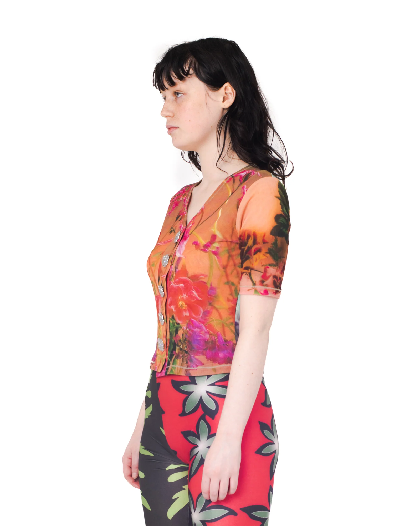 Floral Mesh Button Top - Image 4