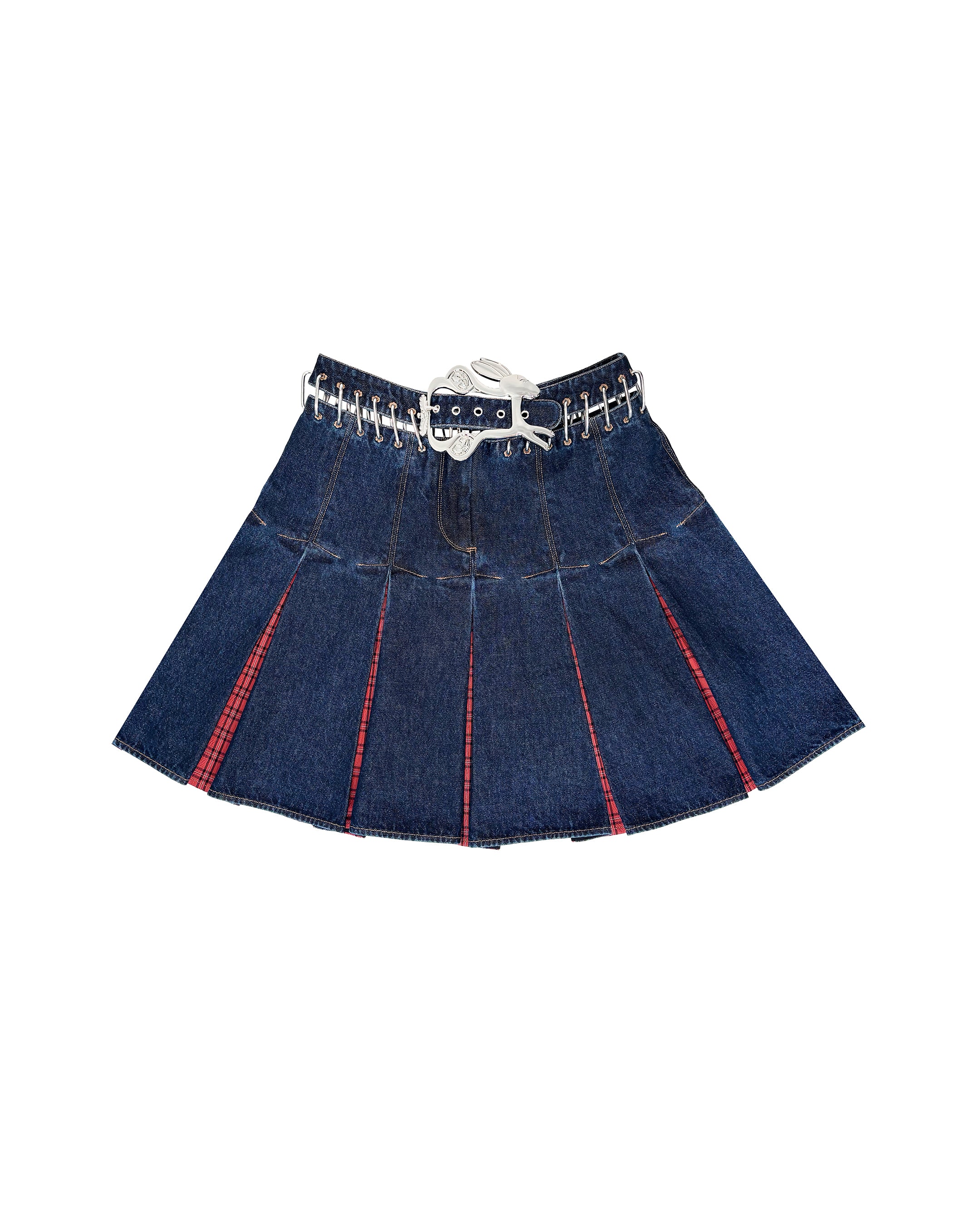 Plaid Bevo Denim Carabiner Knee Skirt - Image 4
