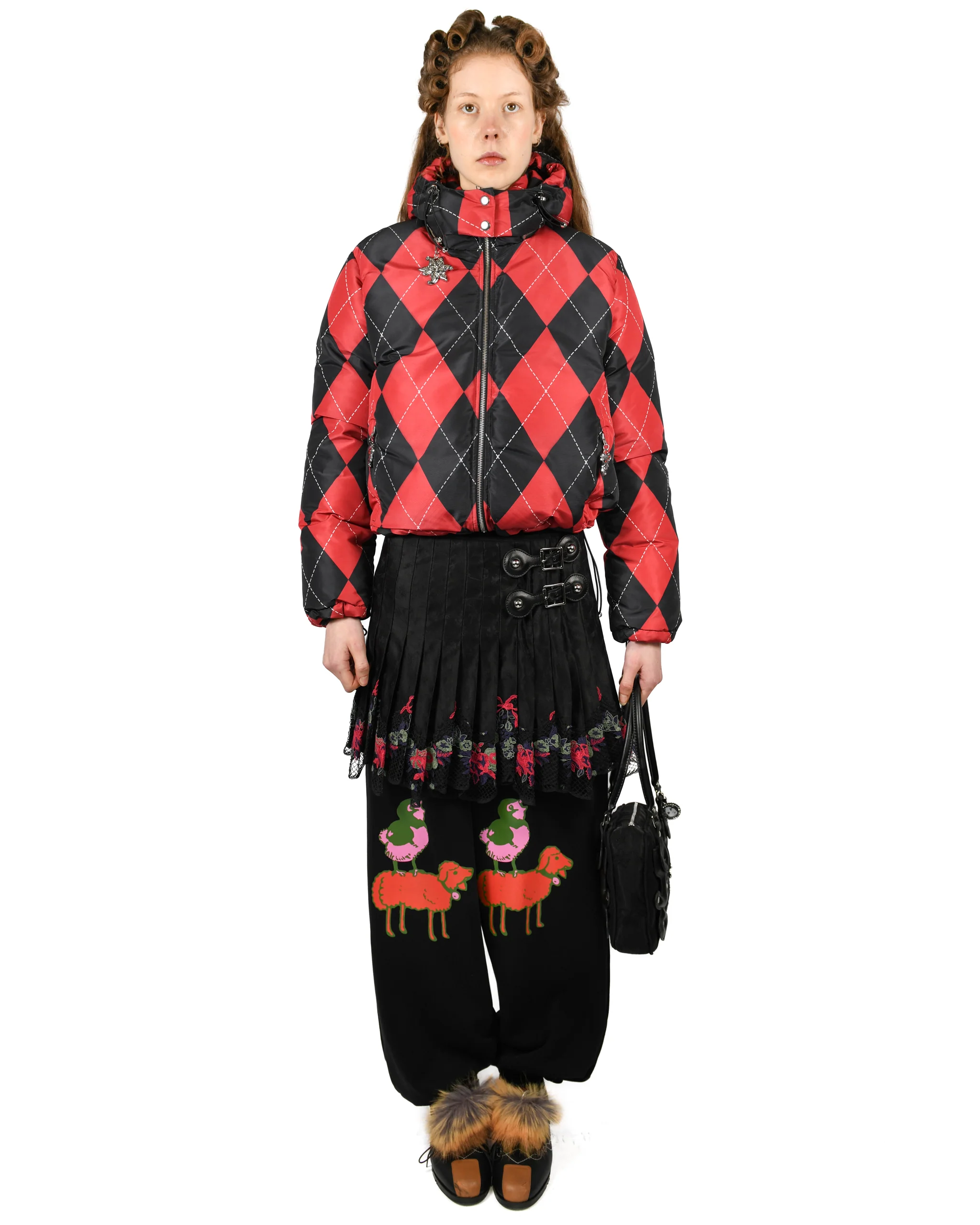 Red Argyle Puffer Jacket