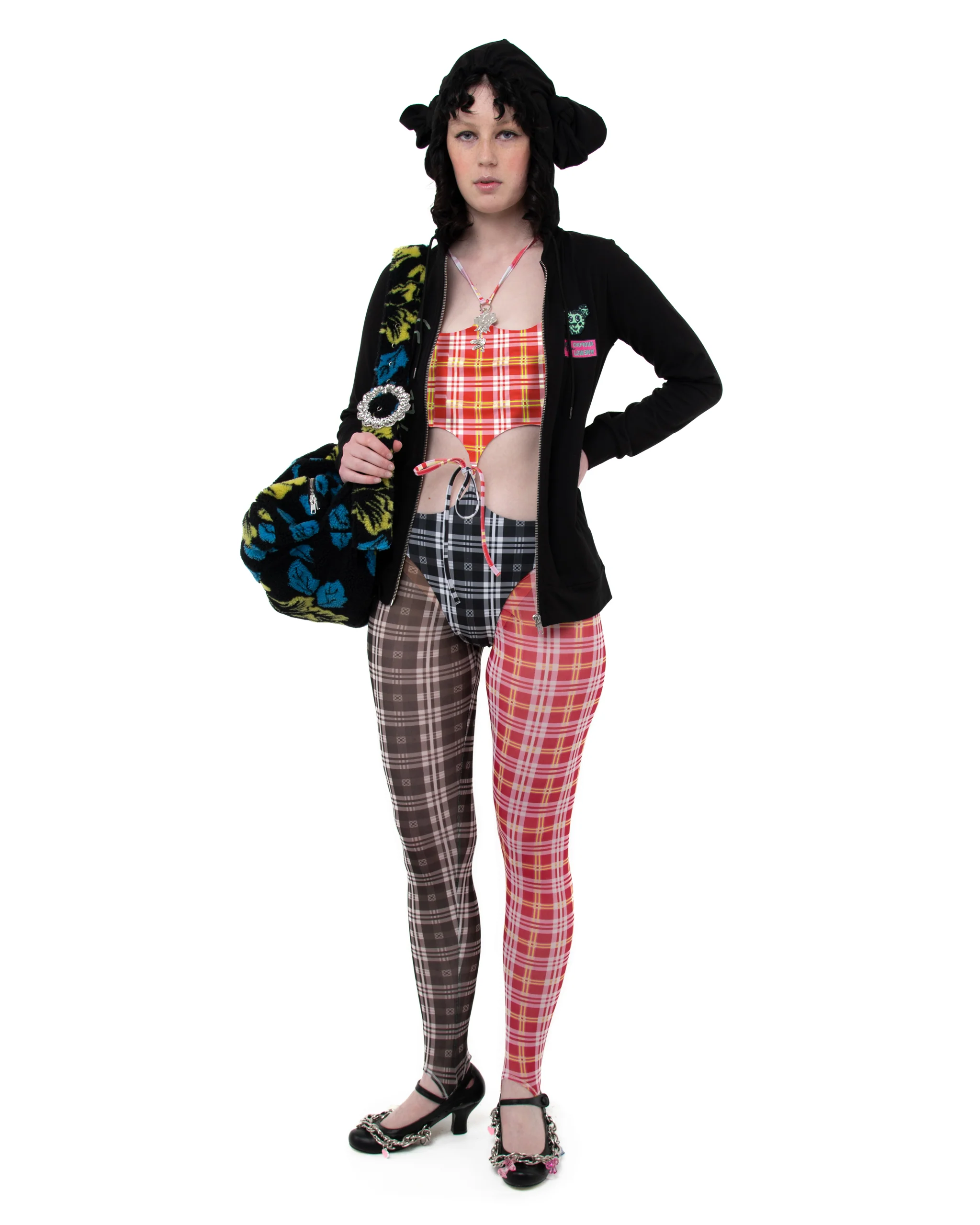 Split Tartan Mesh Leggings - Image 2